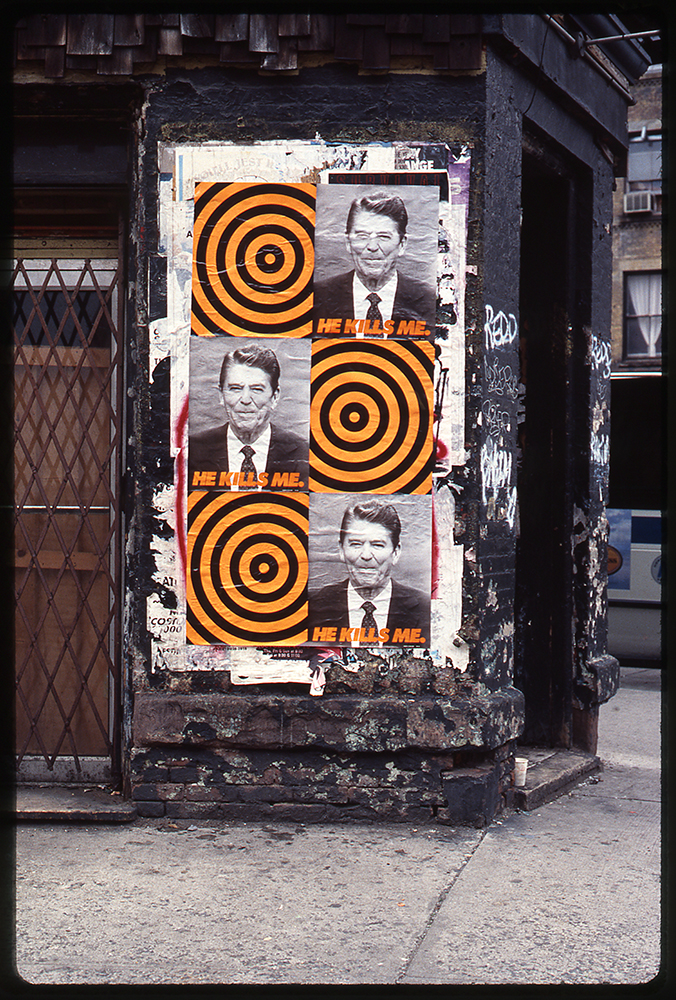 Moffett's He Kills Me installed on the side of a New York building in 1987 