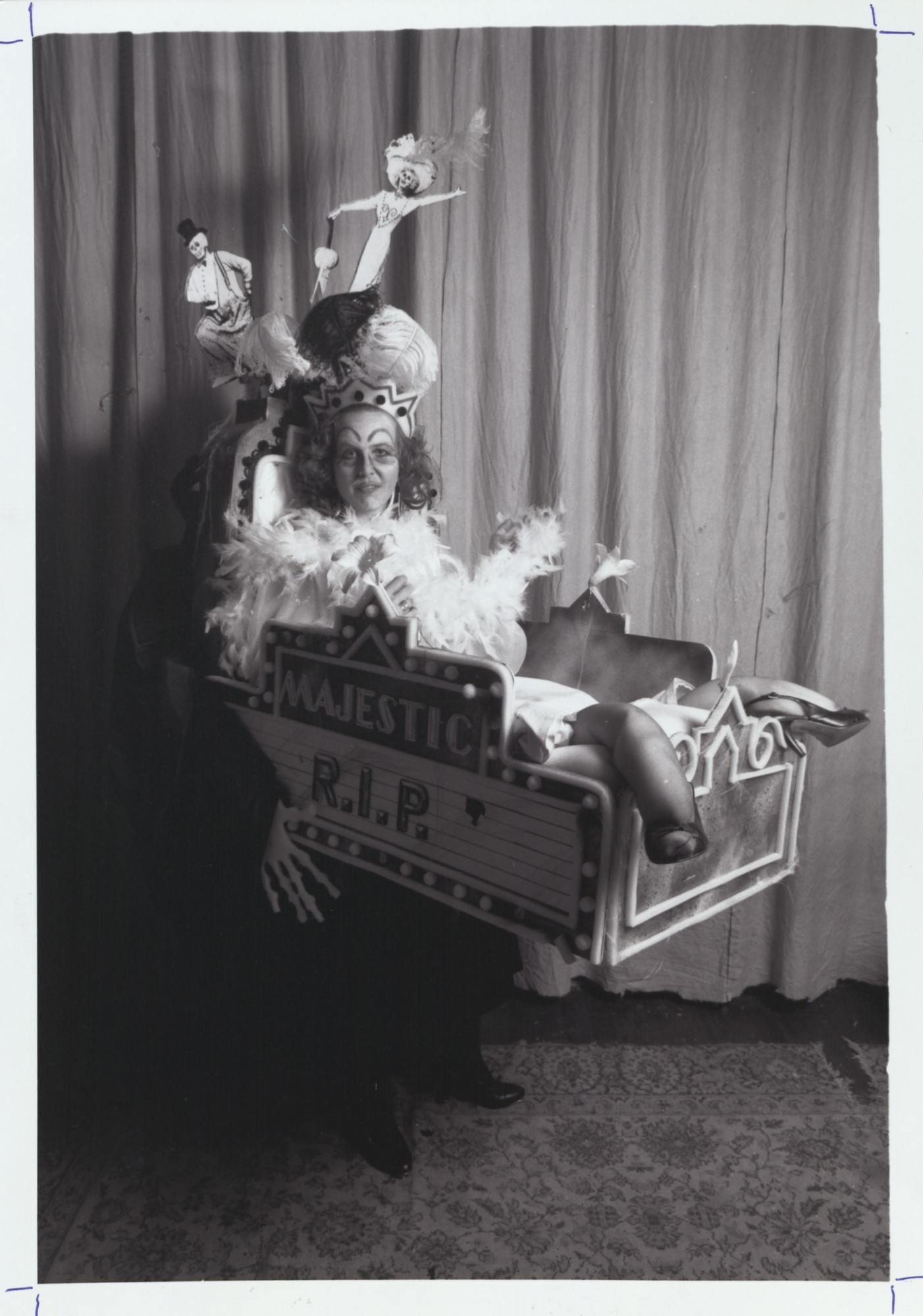 Gretchen Schoopman as the Empress of the “Song of No Way,” parodying the closure of The Majestic Theatre. This costume was designed by Robert Rehm. 1987. Photography by Reuben Njaa. 